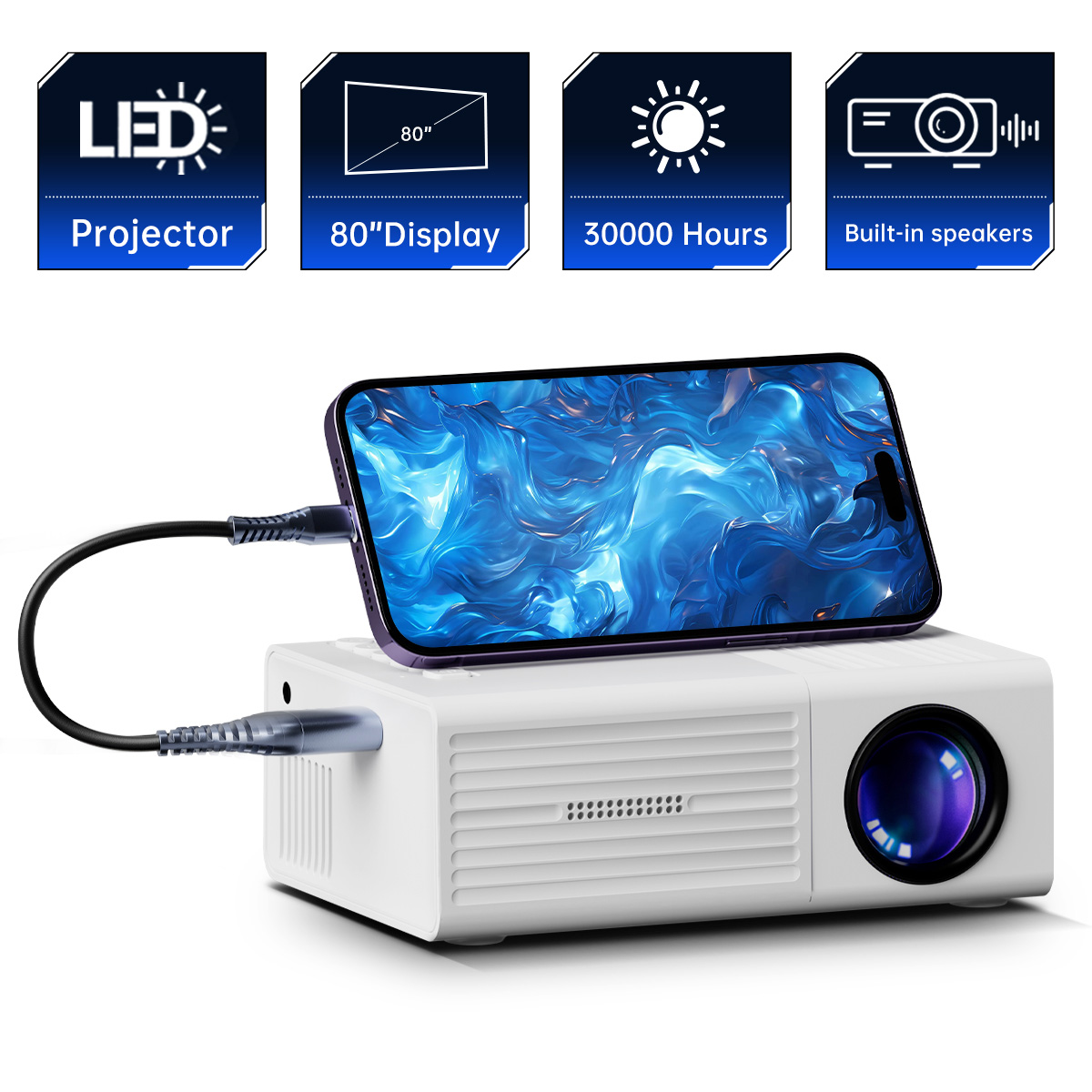Home Cinema Led Projector - MAOHUTER Mini Portable Projector 80In Large